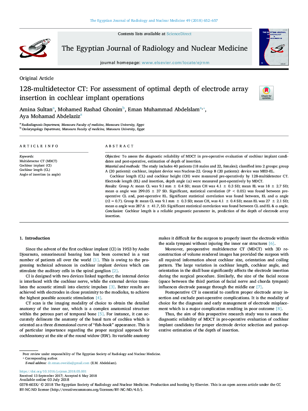 128-multidetector CT: For assessment of optimal depth of electrode array insertion in cochlear implant operations