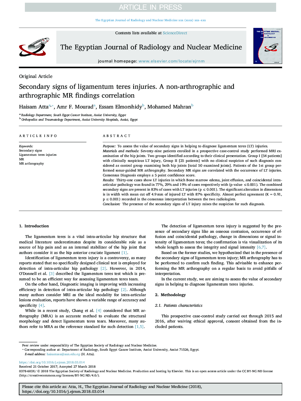 Secondary signs of ligamentum teres injuries. A non-arthrographic and arthrographic MR findings correlation