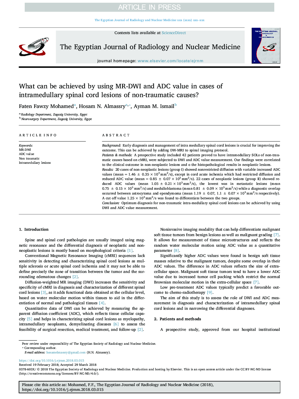 What can be achieved by using MR-DWI and ADC value in cases of intramedullary spinal cord lesions of non-traumatic causes?