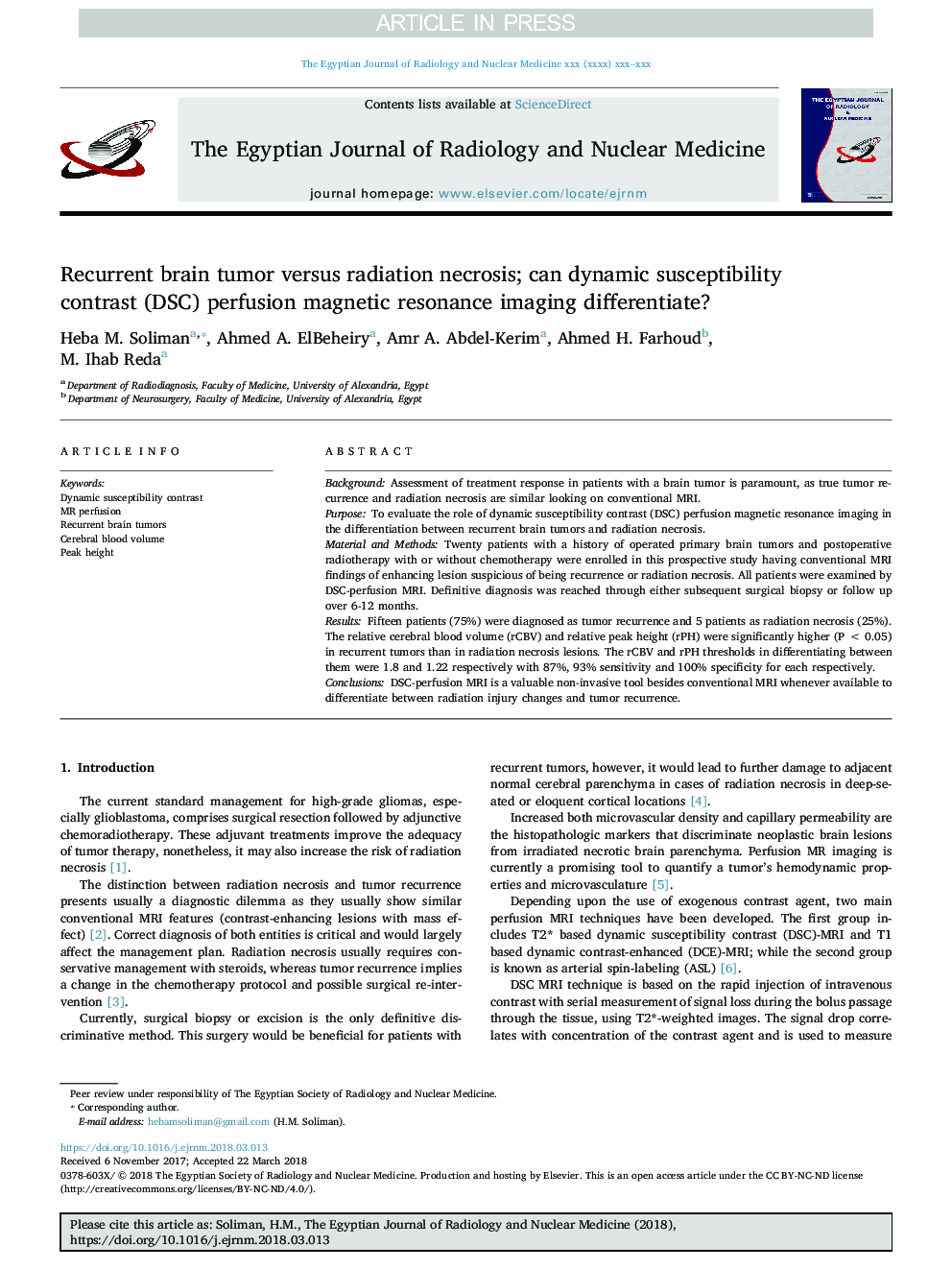 Recurrent brain tumor versus radiation necrosis; can dynamic susceptibility contrast (DSC) perfusion magnetic resonance imaging differentiate?