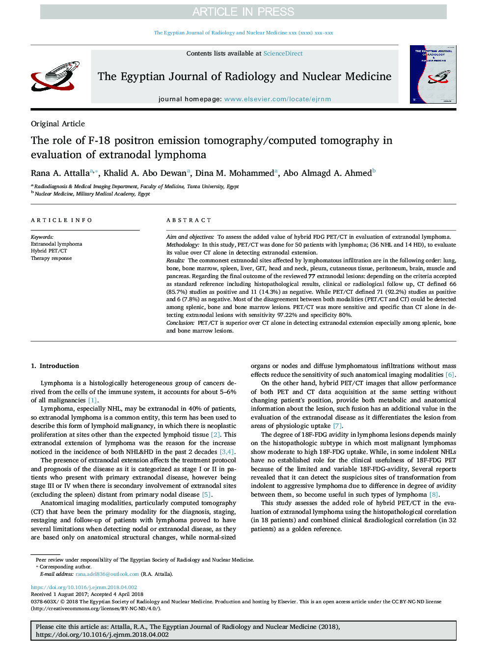 The role of F-18 positron emission tomography/computed tomography in evaluation of extranodal lymphoma