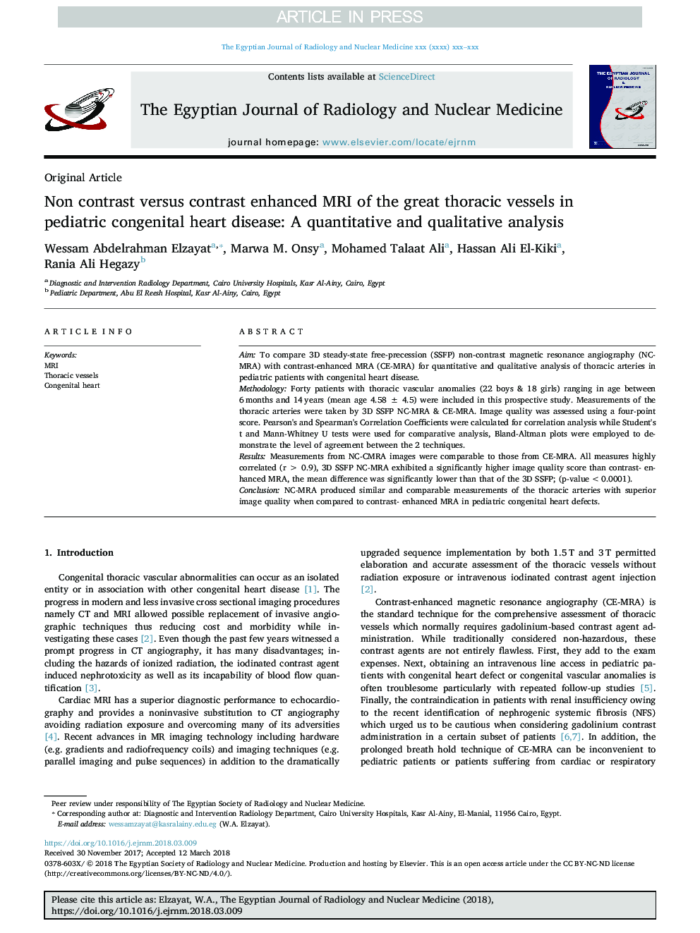 Non contrast versus contrast enhanced MRI of the great thoracic vessels in pediatric congenital heart disease: A quantitative and qualitative analysis