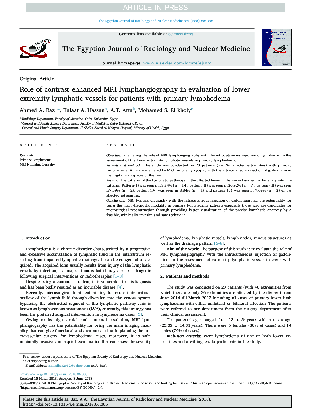 Role of contrast enhanced MRI lymphangiography in evaluation of lower extremity lymphatic vessels for patients with primary lymphedema