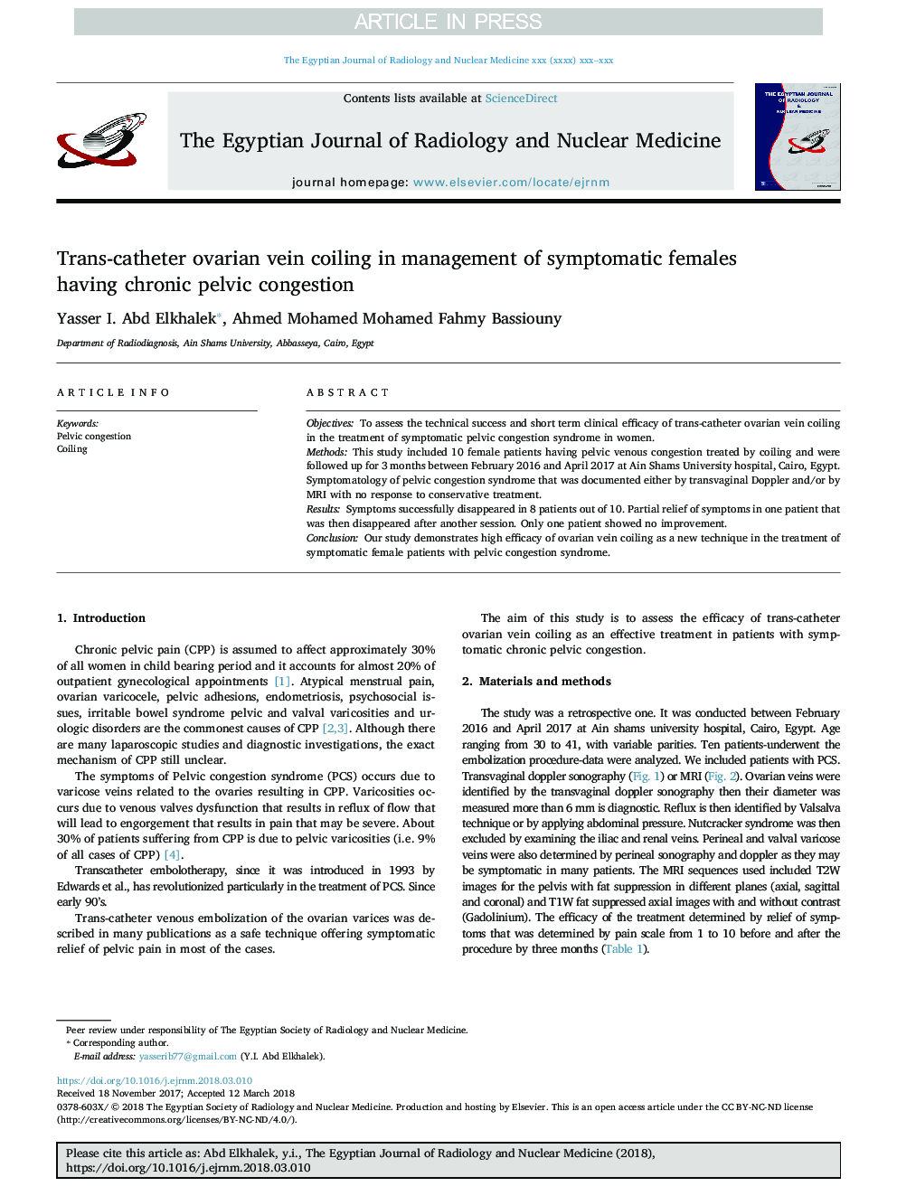 Trans-catheter ovarian vein coiling in management of symptomatic females having chronic pelvic congestion