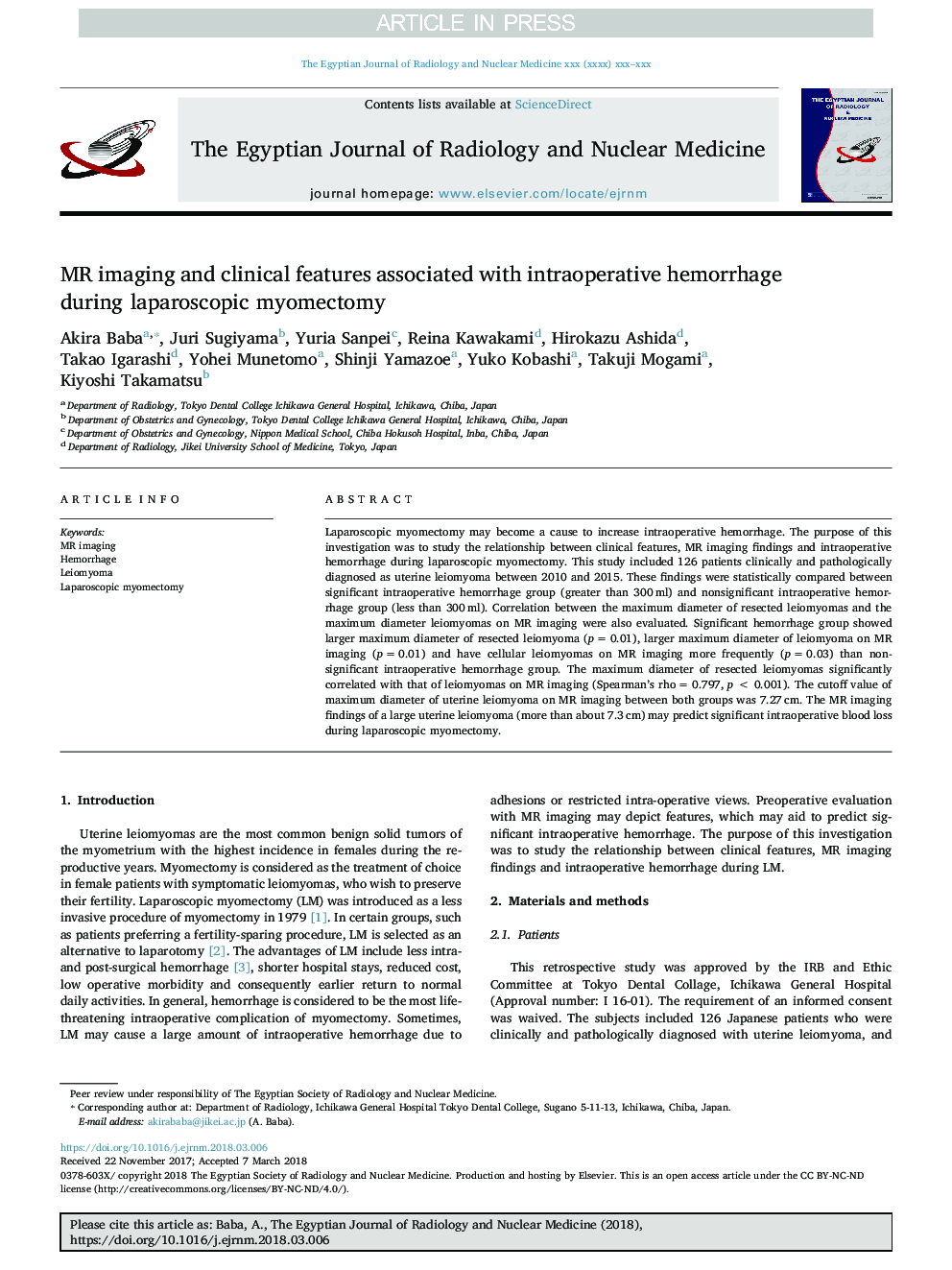 MR imaging and clinical features associated with intraoperative hemorrhage during laparoscopic myomectomy