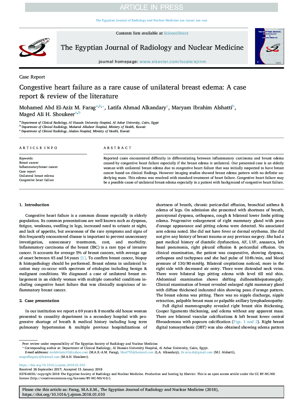 Congestive heart failure as a rare cause of unilateral breast edema: A case report & review of the literature