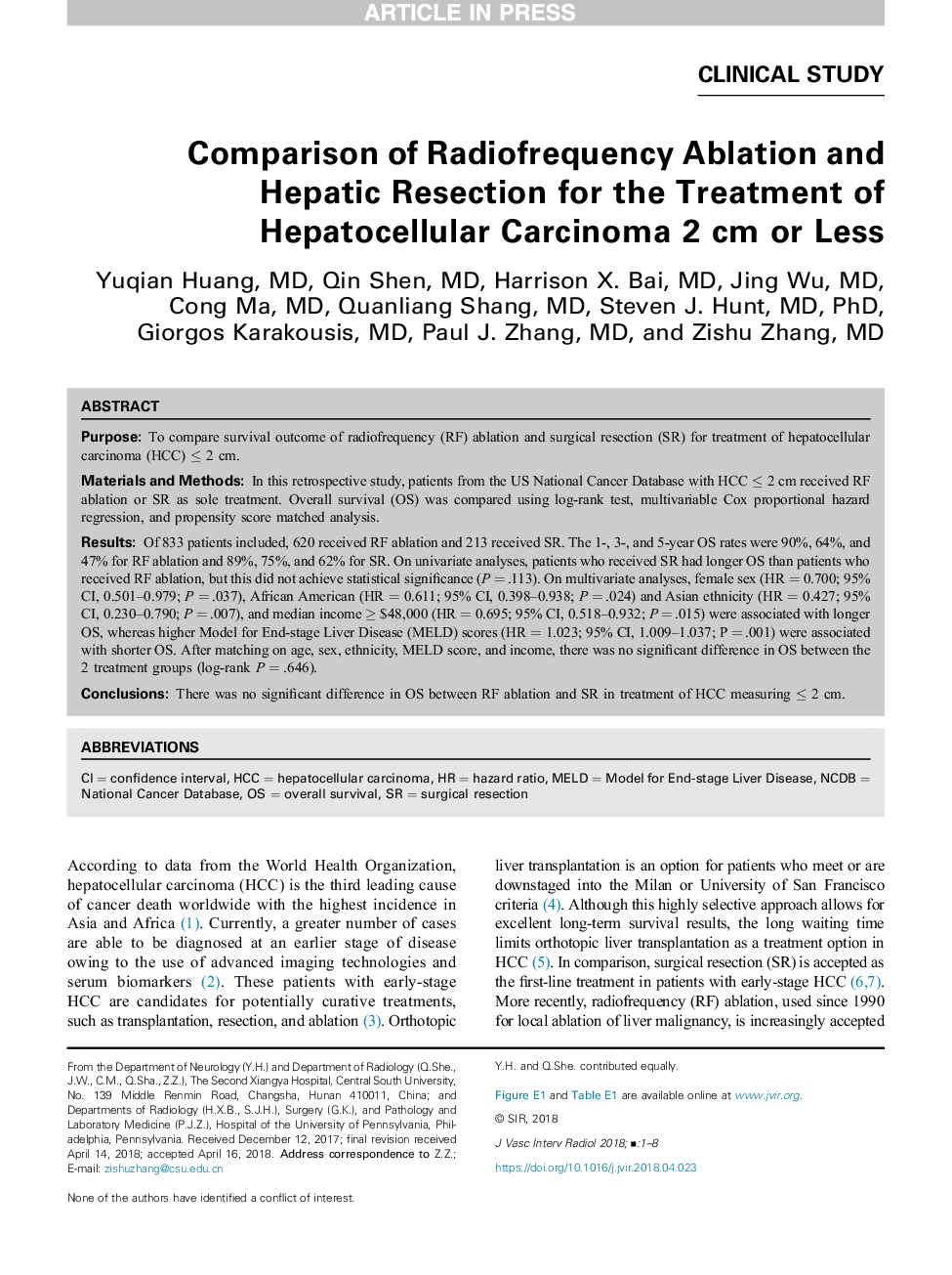 Comparison of Radiofrequency Ablation and Hepatic Resection for the Treatment of Hepatocellular Carcinoma 2 cm or Less