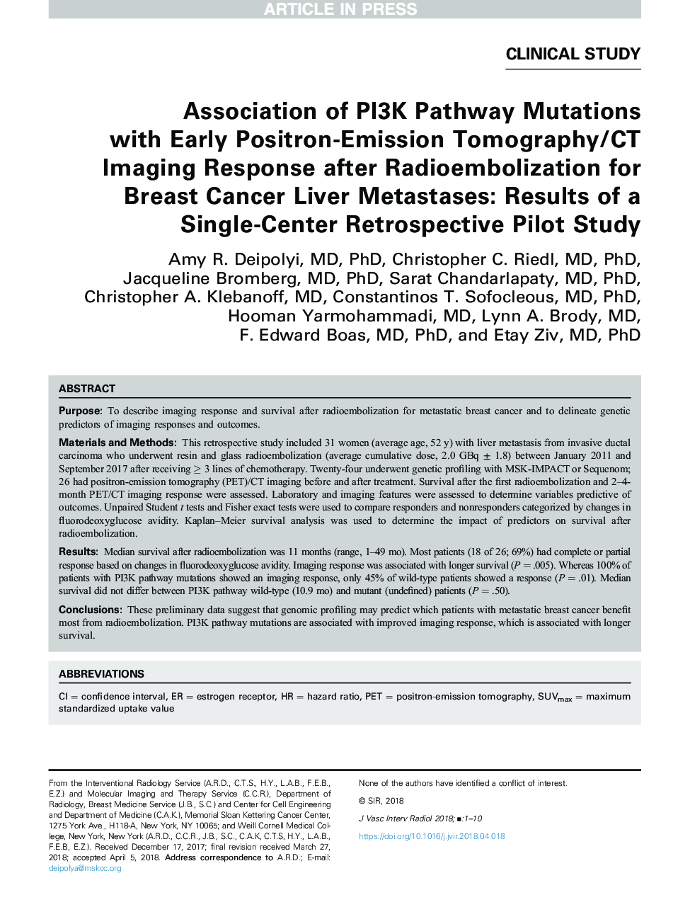 Association of PI3K Pathway Mutations with Early Positron-Emission Tomography/CT Imaging Response after Radioembolization for Breast Cancer Liver Metastases: Results of a Single-Center Retrospective Pilot Study