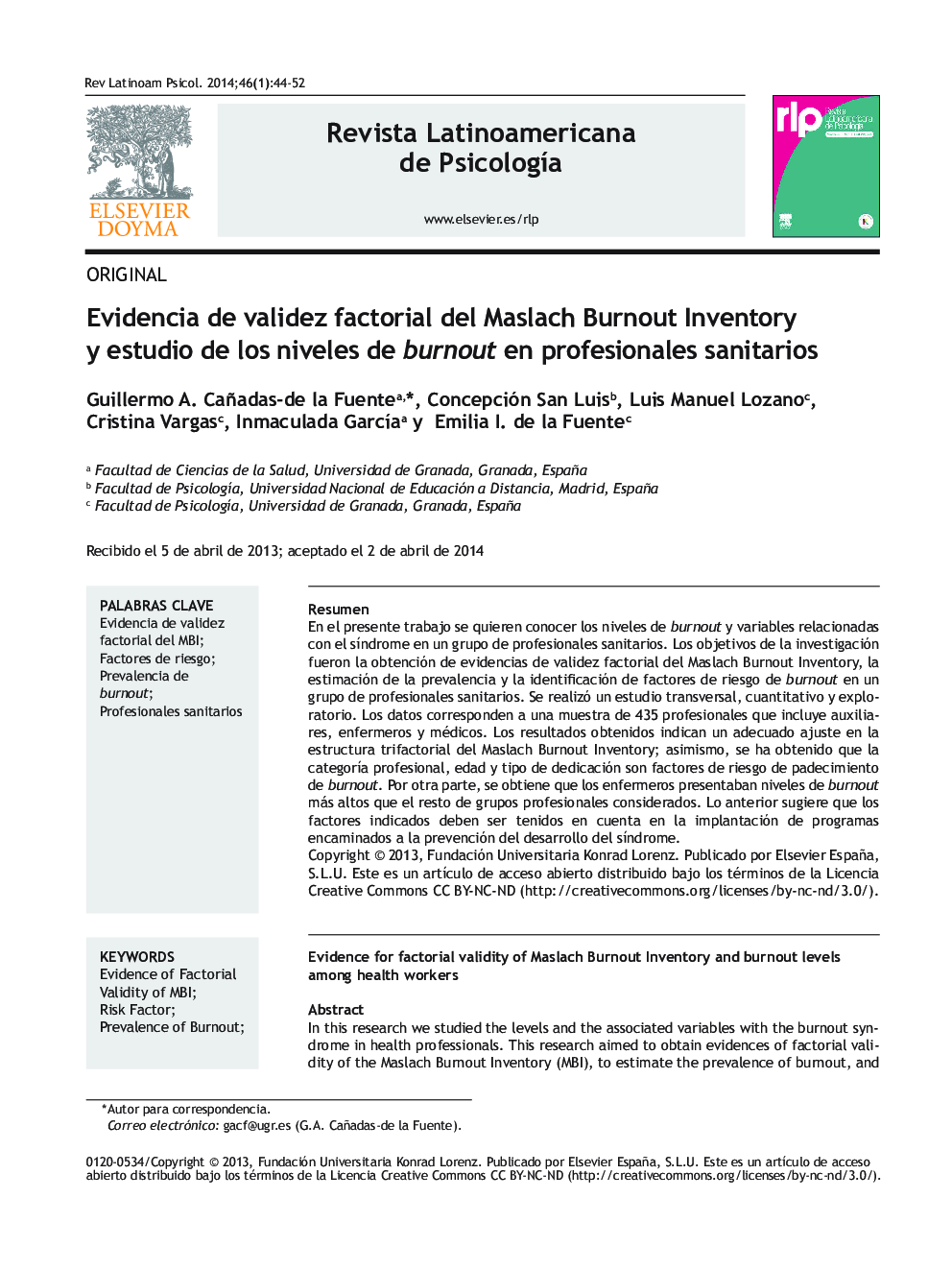 Evidencia de validez factorial del Maslach Burnout Inventory y estudio de los niveles de burnout en profesionales sanitarios
