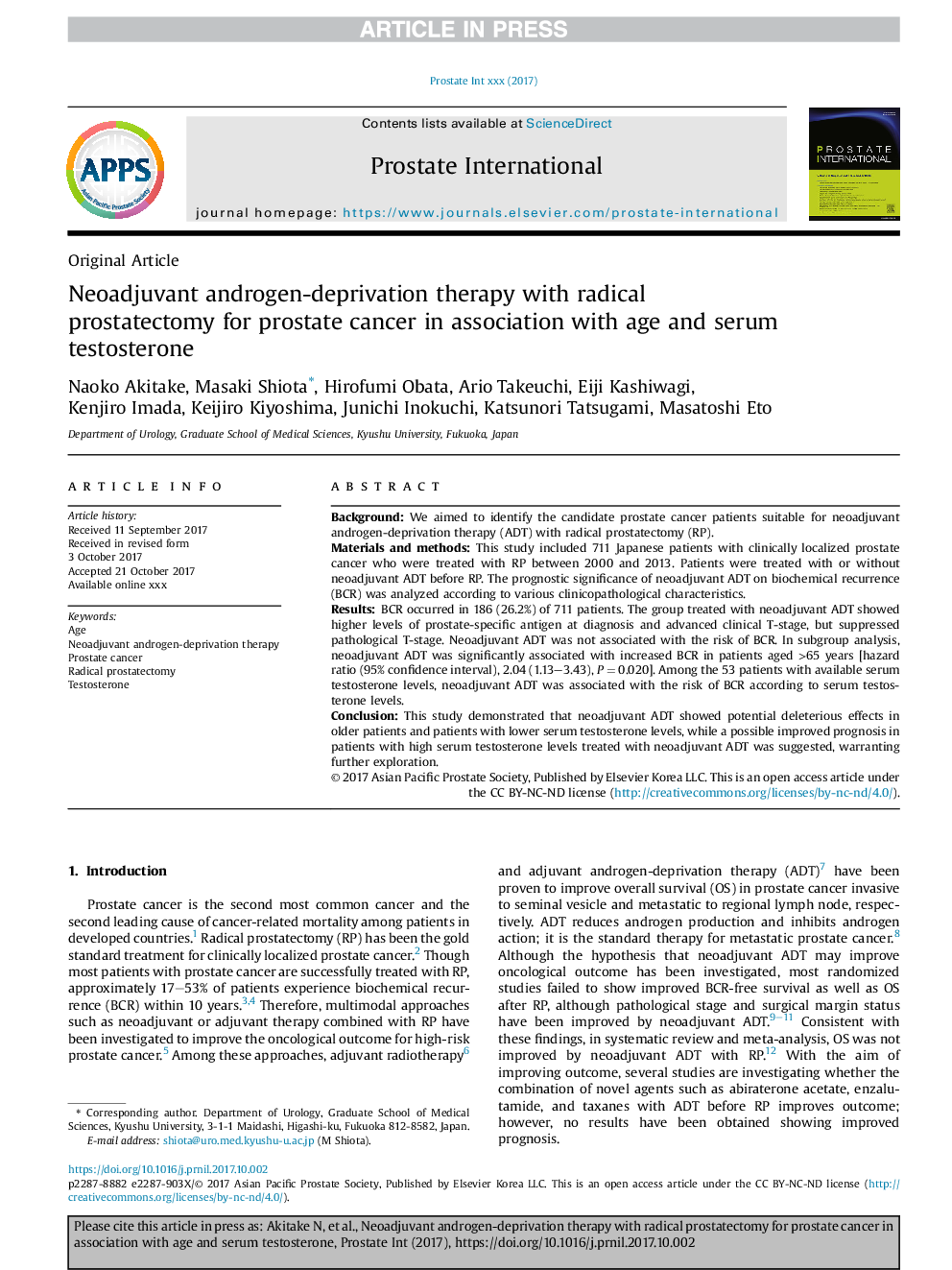 Neoadjuvant androgen-deprivation therapy with radical prostatectomy for prostate cancer in association with age and serum testosterone