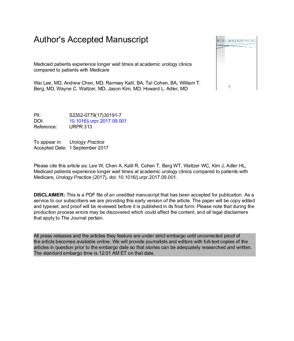 Medicaid Patients Experience Longer Wait Times at Academic Urology Clinics Compared to Patients with Medicare