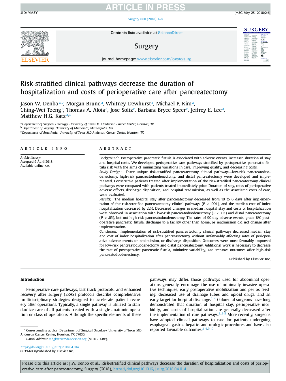 Risk-stratified clinical pathways decrease the duration of hospitalization and costs of perioperative care after pancreatectomy