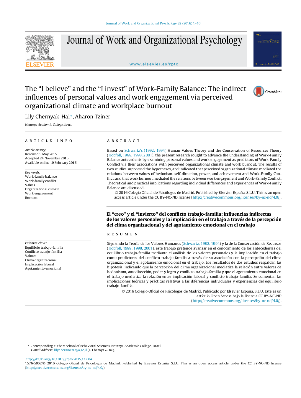 The “I believe” and the “I invest” of Work-Family Balance: The indirect influences of personal values and work engagement via perceived organizational climate and workplace burnout