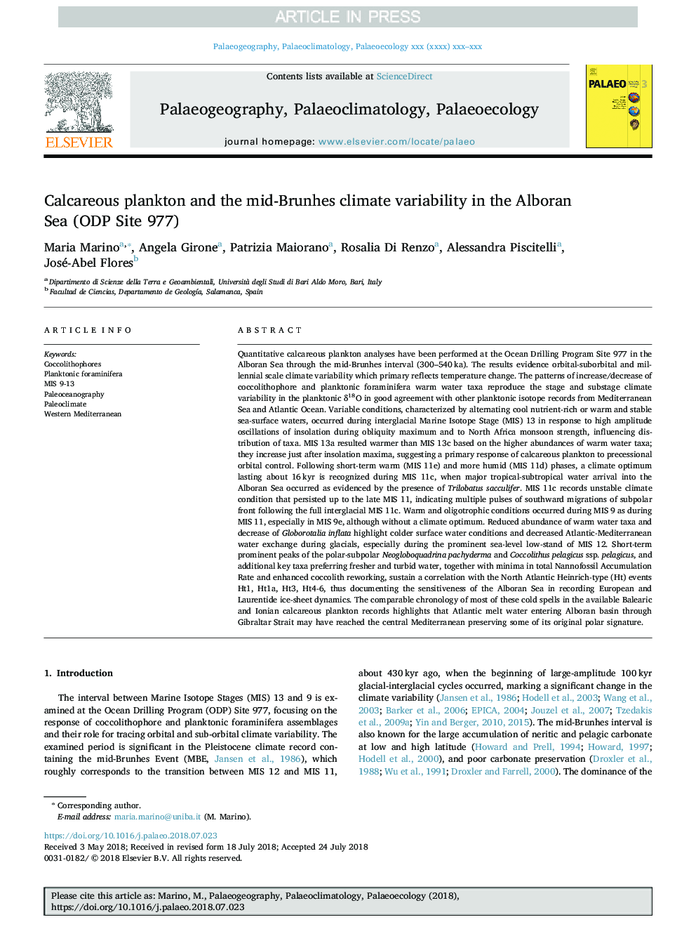 Calcareous plankton and the mid-Brunhes climate variability in the Alboran Sea (ODP Site 977)