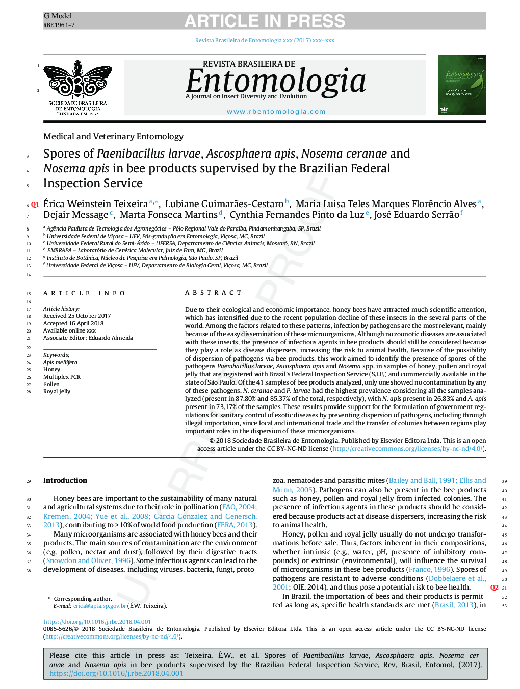 Spores of Paenibacillus larvae, Ascosphaera apis, Nosema ceranae and Nosema apis in bee products supervised by the Brazilian Federal Inspection Service