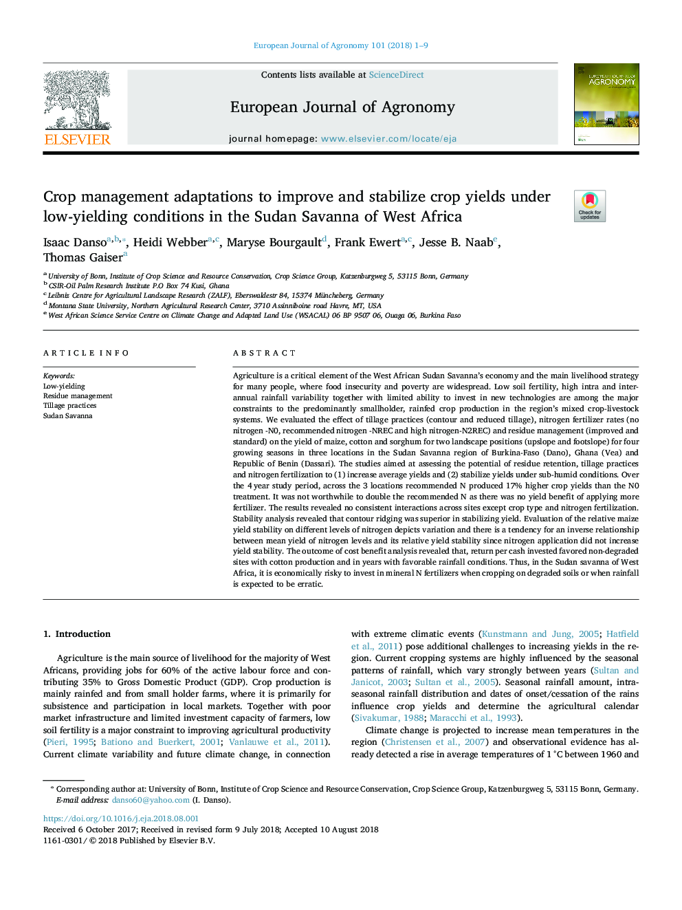 Crop management adaptations to improve and stabilize crop yields under low-yielding conditions in the Sudan Savanna of West Africa