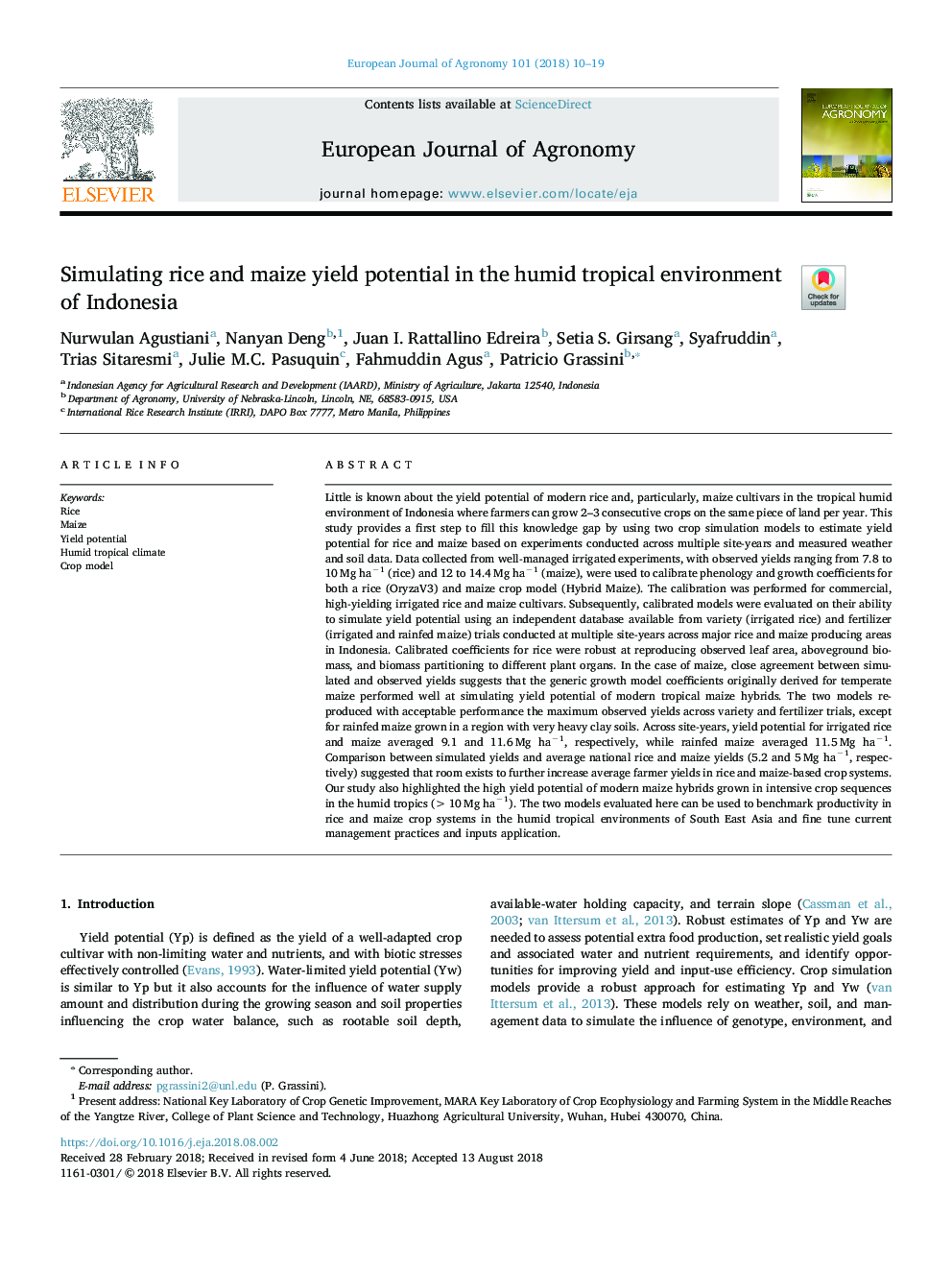 Simulating rice and maize yield potential in the humid tropical environment of Indonesia