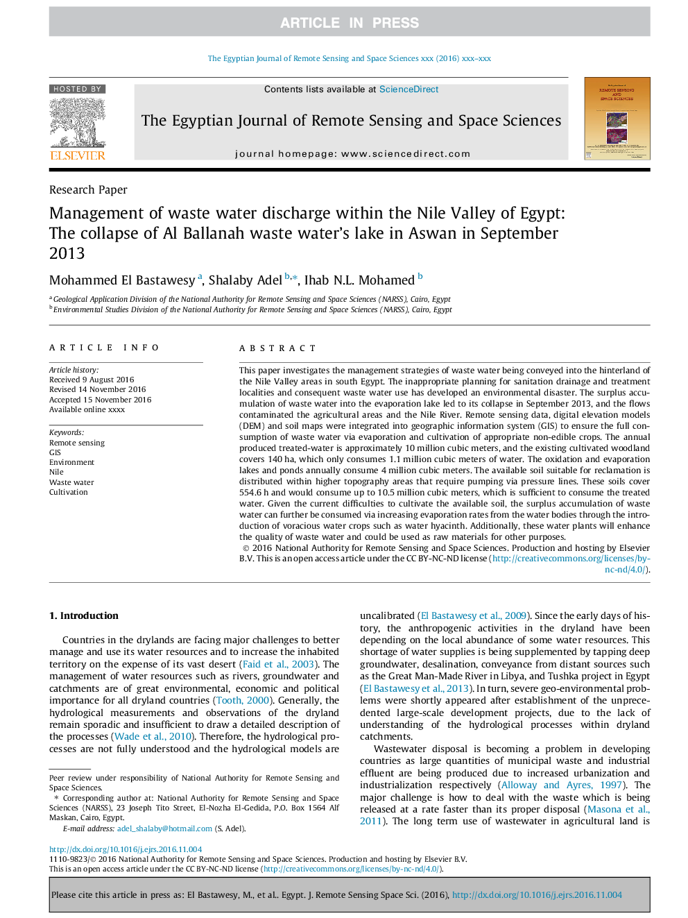 Management of waste water discharge within the Nile Valley of Egypt: The collapse of Al Ballanah waste water's lake in Aswan in September 2013