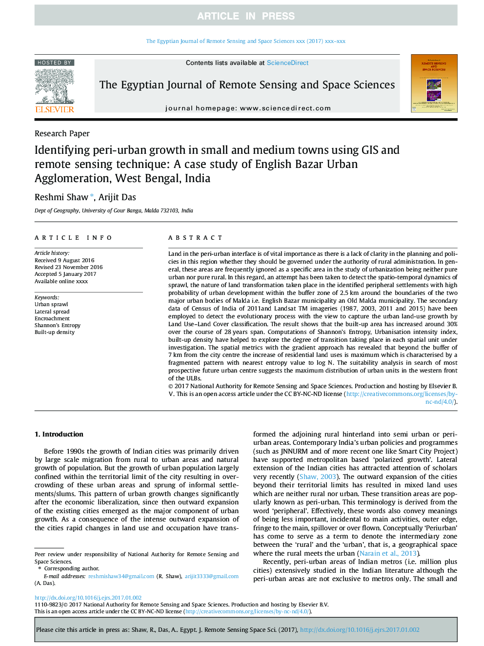 Identifying peri-urban growth in small and medium towns using GIS and remote sensing technique: A case study of English Bazar Urban Agglomeration, West Bengal, India