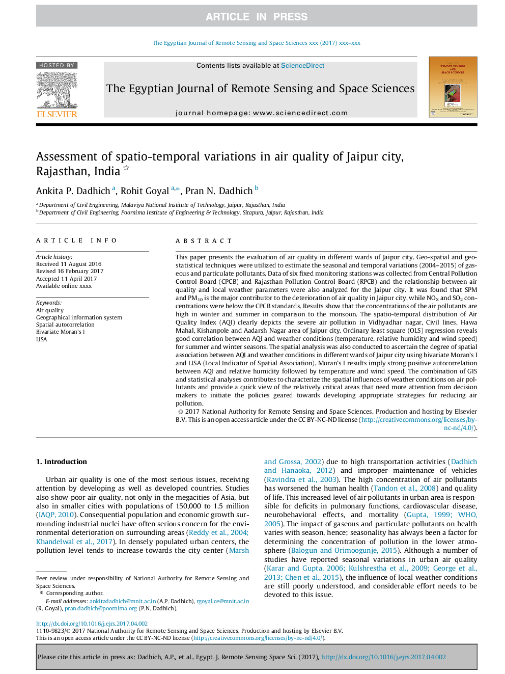 Assessment of spatio-temporal variations in air quality of Jaipur city, Rajasthan, India