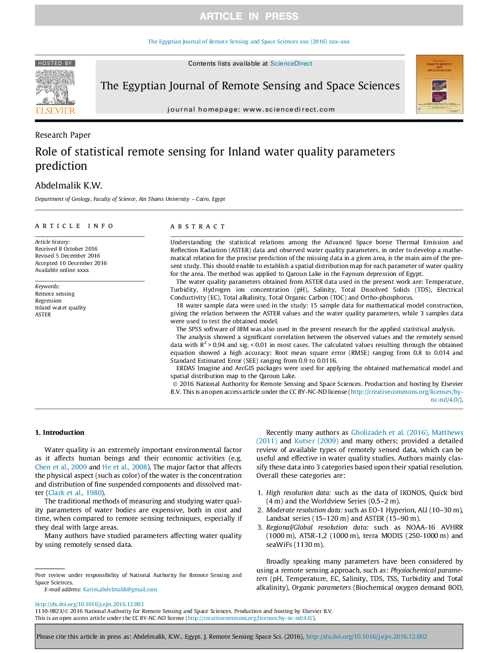 Role of statistical remote sensing for Inland water quality parameters prediction