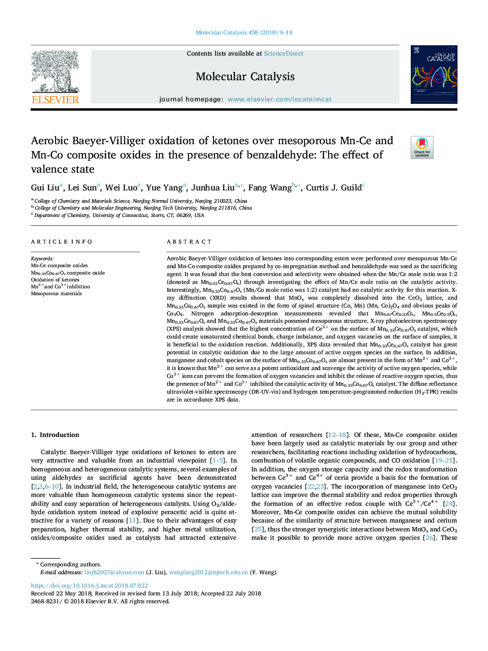 Aerobic Baeyer-Villiger oxidation of ketones over mesoporous Mn-Ce and Mn-Co composite oxides in the presence of benzaldehyde: The effect of valence state