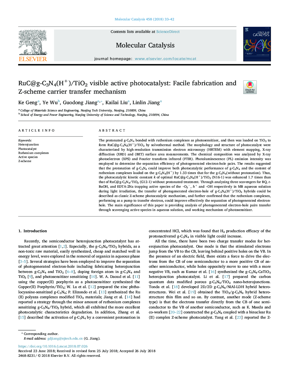 RuC@g-C3N4(H+)/TiO2 visible active photocatalyst: Facile fabrication and Z-scheme carrier transfer mechanism