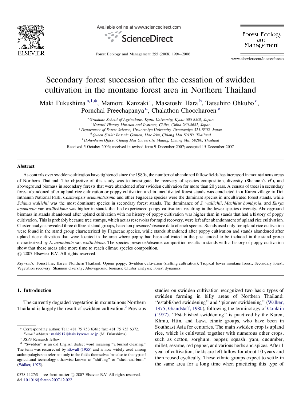 Secondary forest succession after the cessation of swidden cultivation in the montane forest area in Northern Thailand