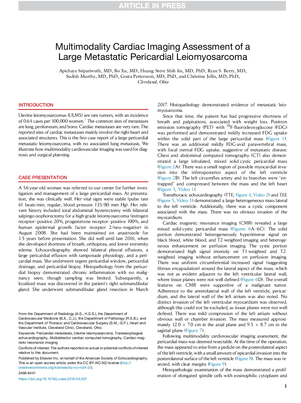 Multimodality Cardiac Imaging Assessment of a Large Metastatic Pericardial Leiomyosarcoma