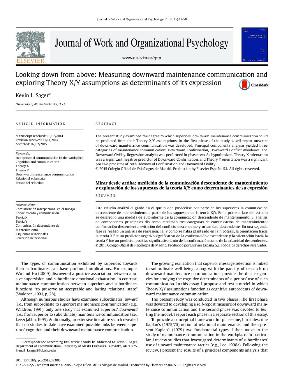 Looking down from above: Measuring downward maintenance communication and exploring Theory X/Y assumptions as determinants of its expression