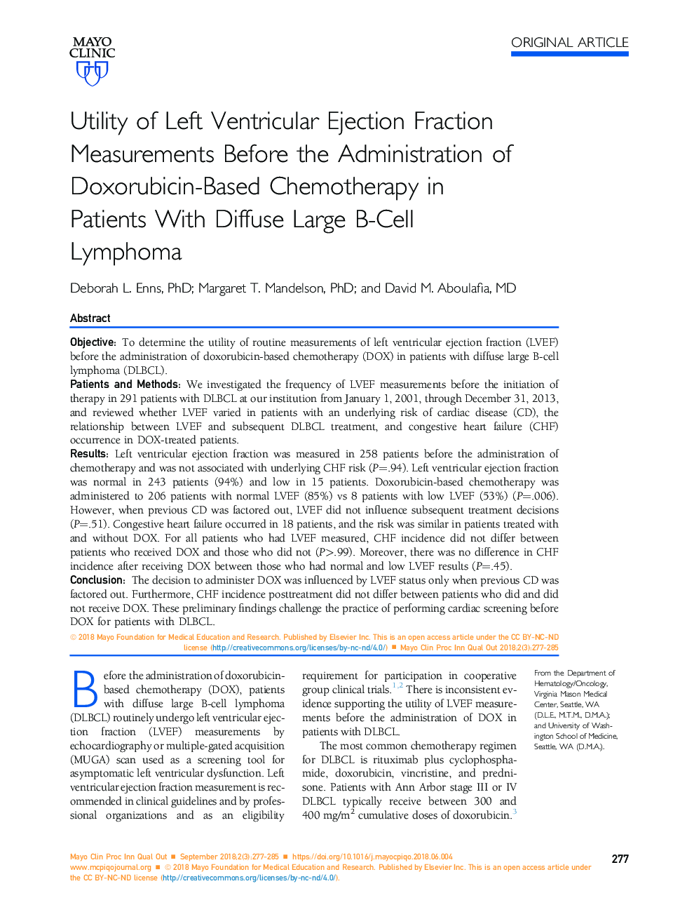 Utility of Left Ventricular Ejection Fraction Measurements Before the Administration of Doxorubicin-Based Chemotherapy in Patients With Diffuse Large B-Cell Lymphoma