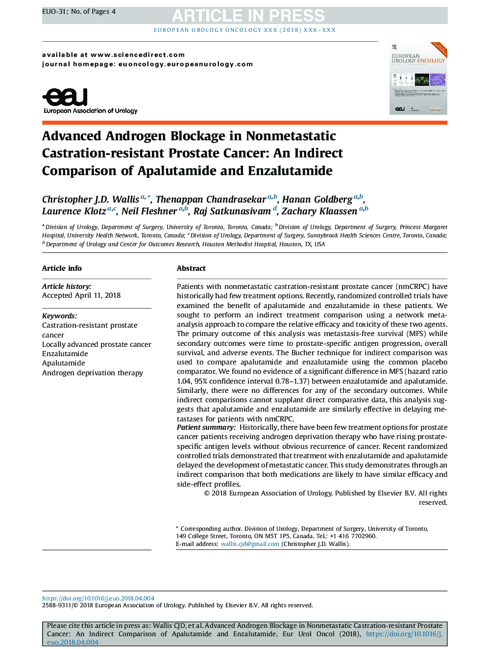 Advanced Androgen Blockage in Nonmetastatic Castration-resistant Prostate Cancer: An Indirect Comparison of Apalutamide and Enzalutamide