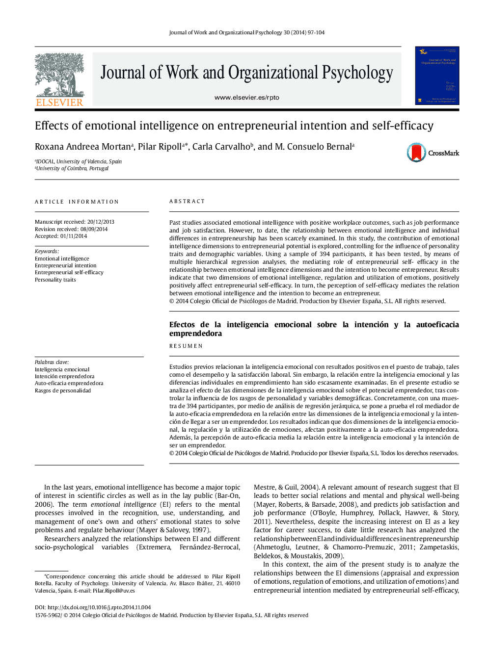 Effects of emotional intelligence on entrepreneurial intention and self-efficacy