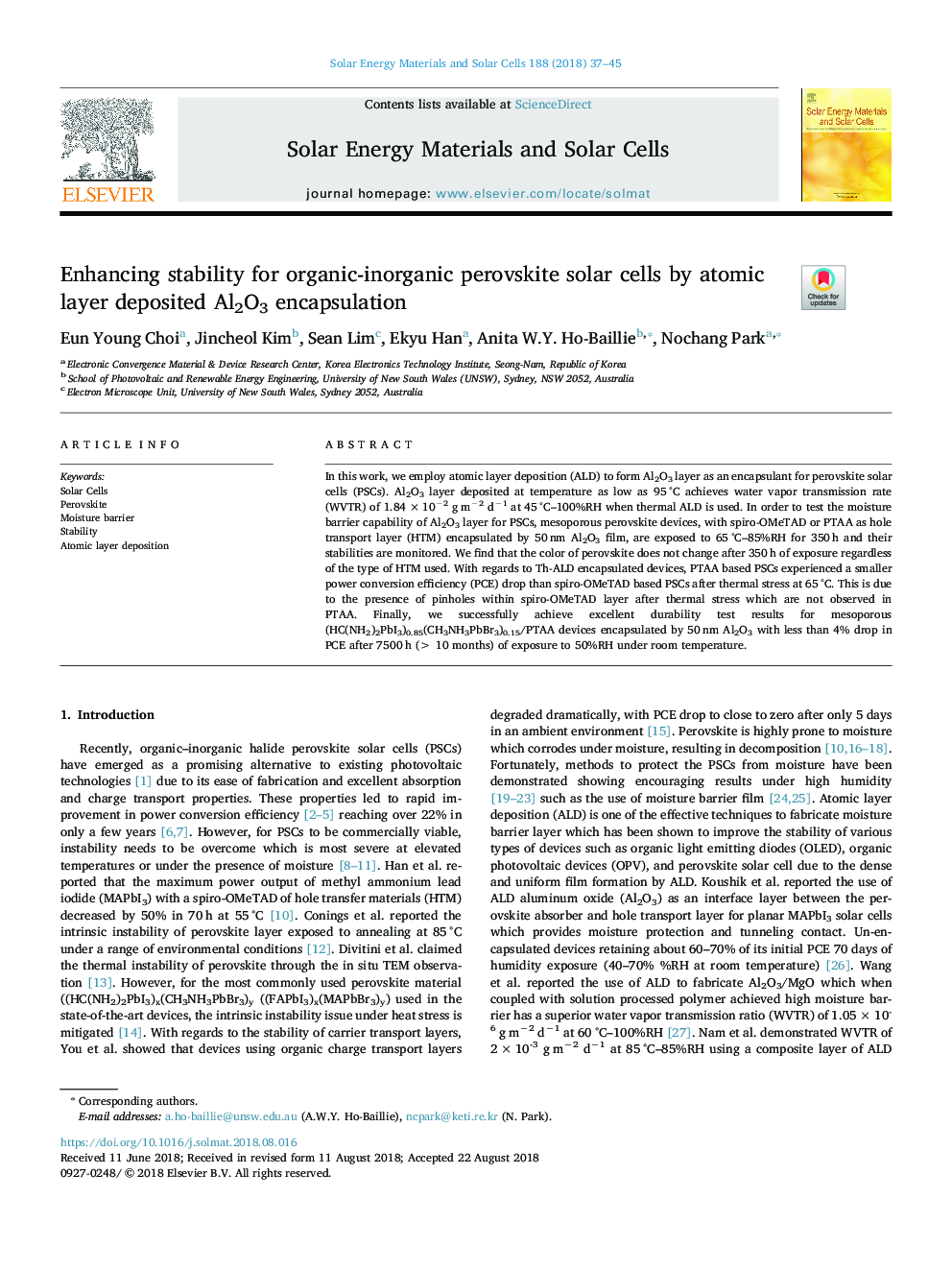 Enhancing stability for organic-inorganic perovskite solar cells by atomic layer deposited Al2O3 encapsulation