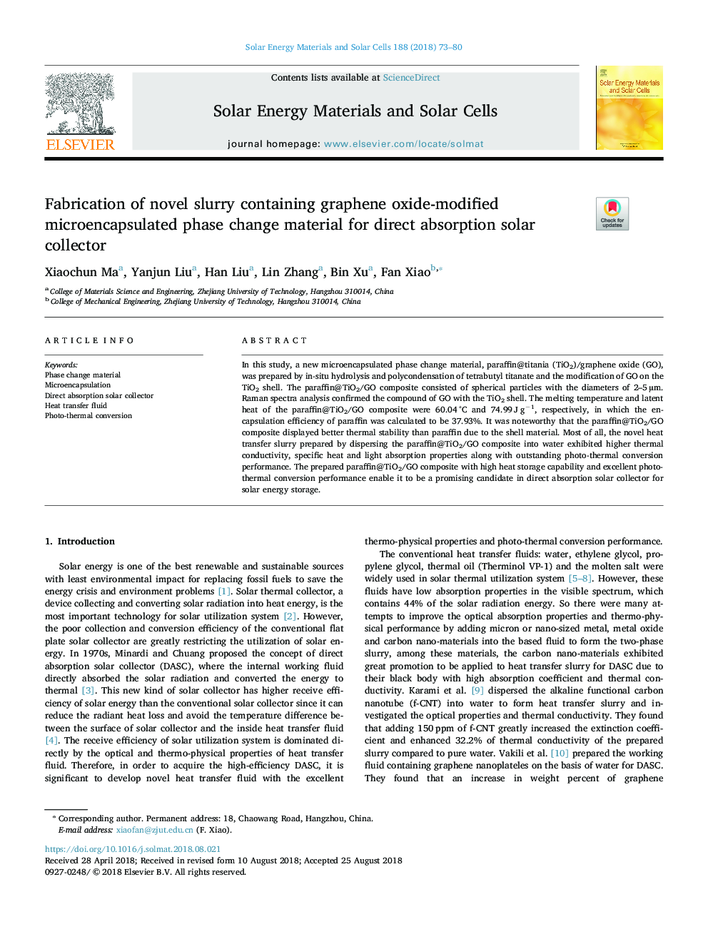 Fabrication of novel slurry containing graphene oxide-modified microencapsulated phase change material for direct absorption solar collector