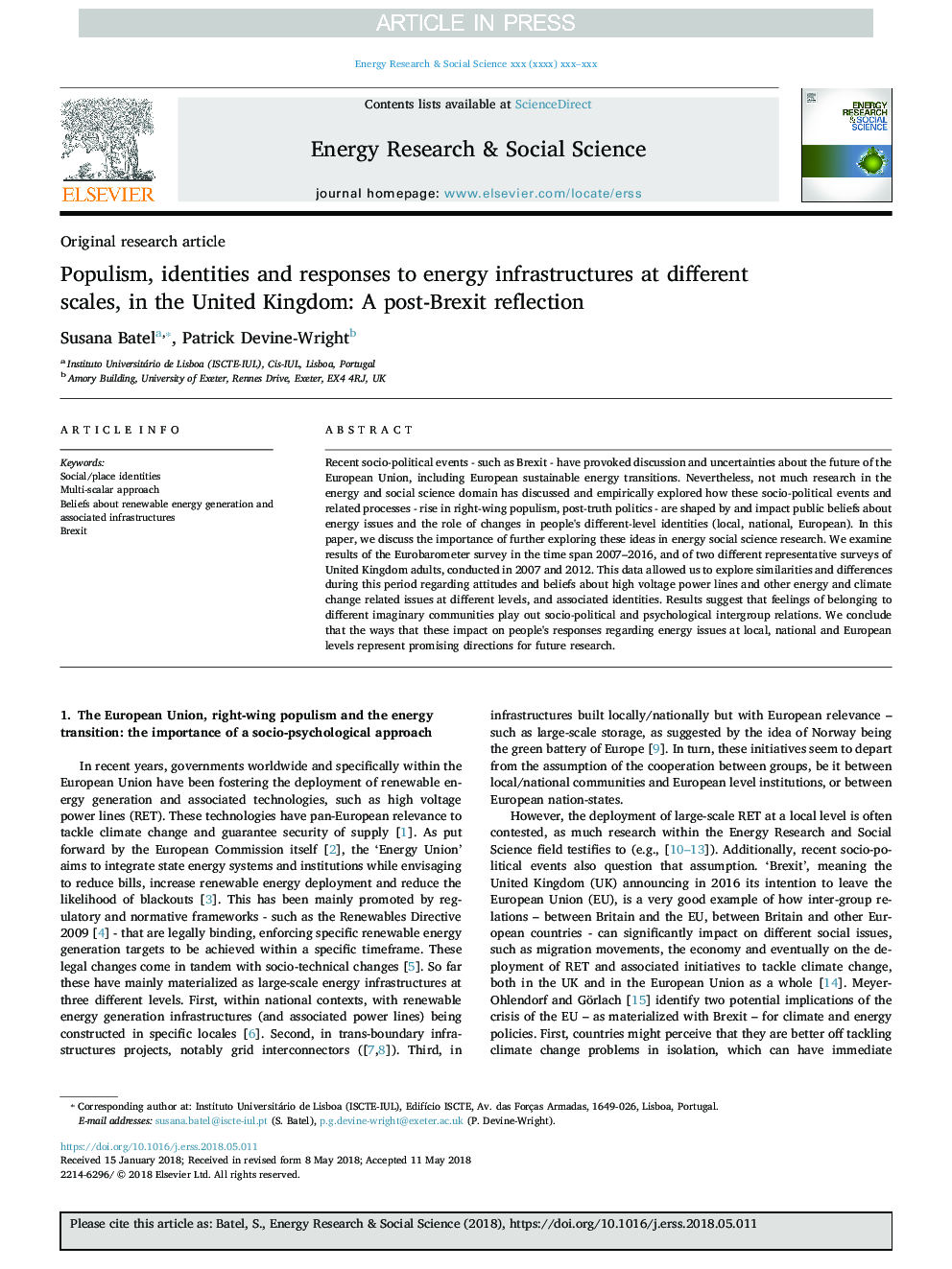 Populism, identities and responses to energy infrastructures at different scales in the United Kingdom: A post-Brexit reflection