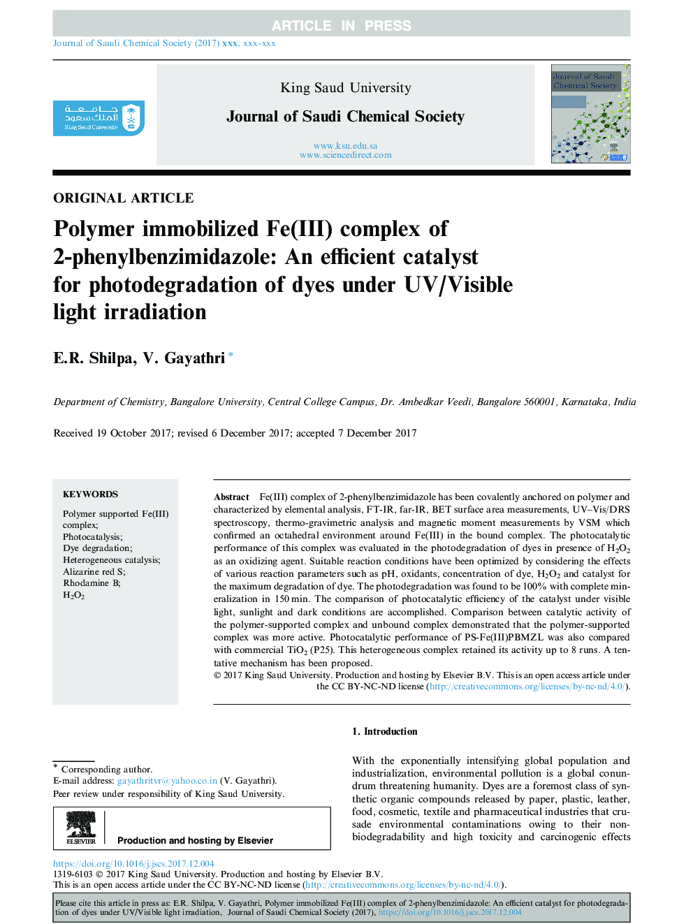 Polymer immobilized Fe(III) complex of 2-phenylbenzimidazole: An efficient catalyst for photodegradation of dyes under UV/Visible light irradiation