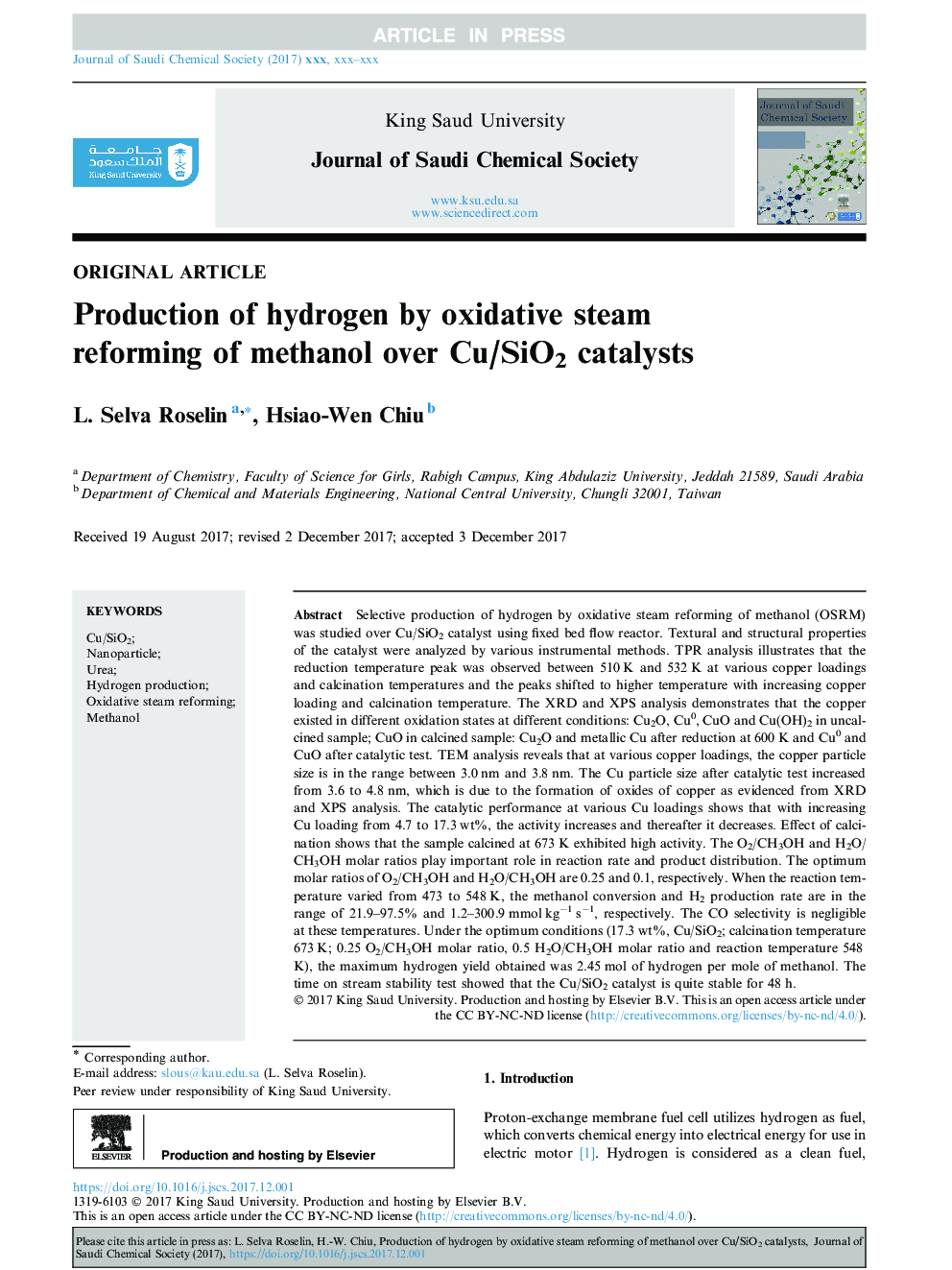 Production of hydrogen by oxidative steam reforming of methanol over Cu/SiO2 catalysts