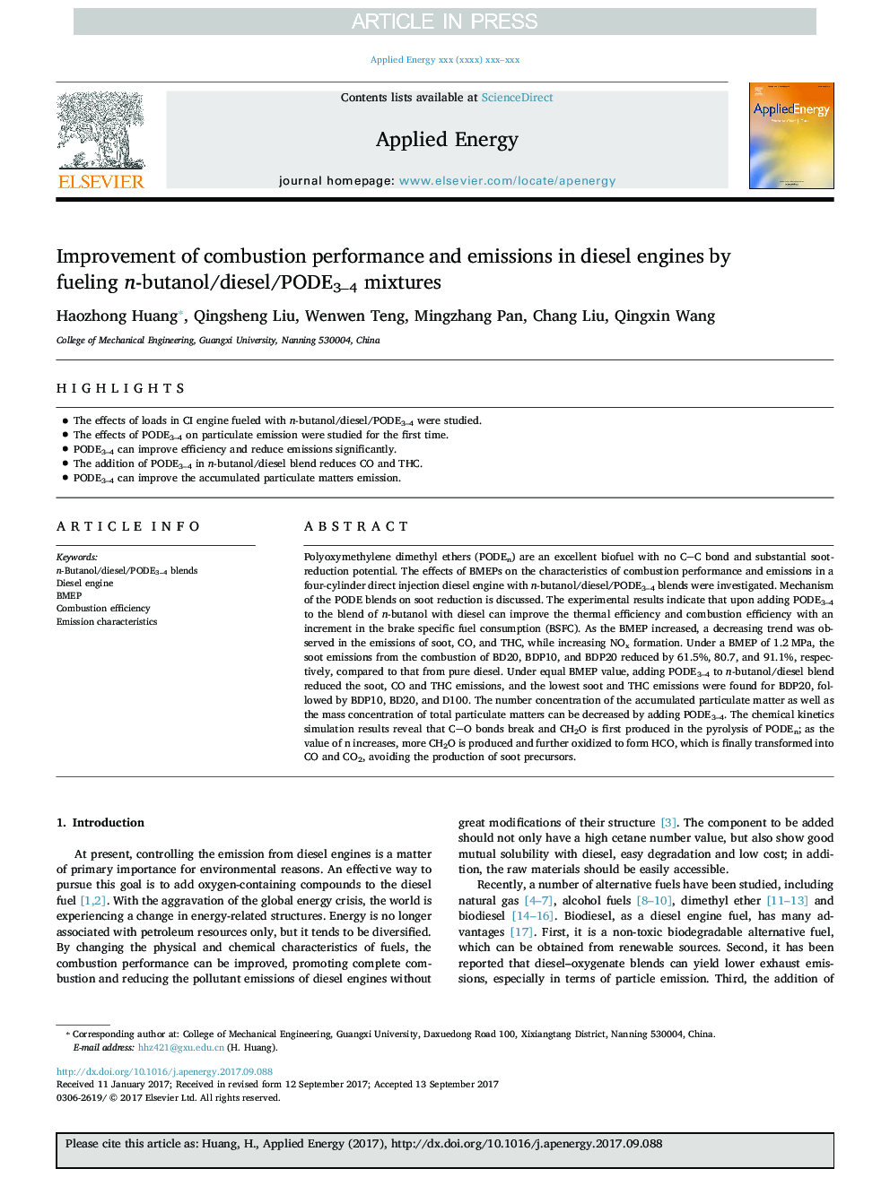 Improvement of combustion performance and emissions in diesel engines by fueling n-butanol/diesel/PODE3-4 mixtures