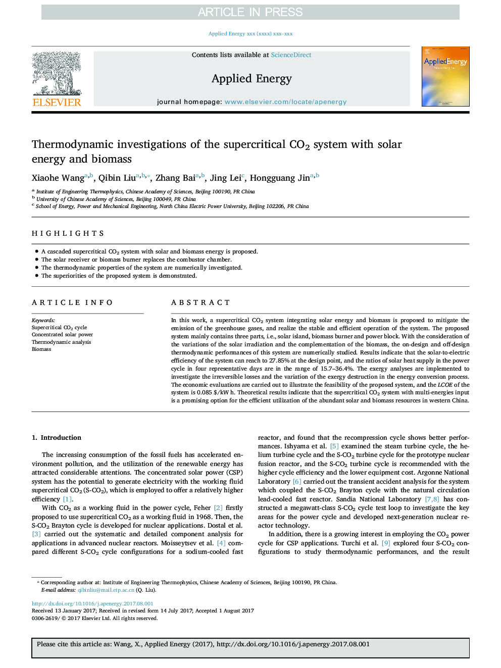 Thermodynamic investigations of the supercritical CO2 system with solar energy and biomass