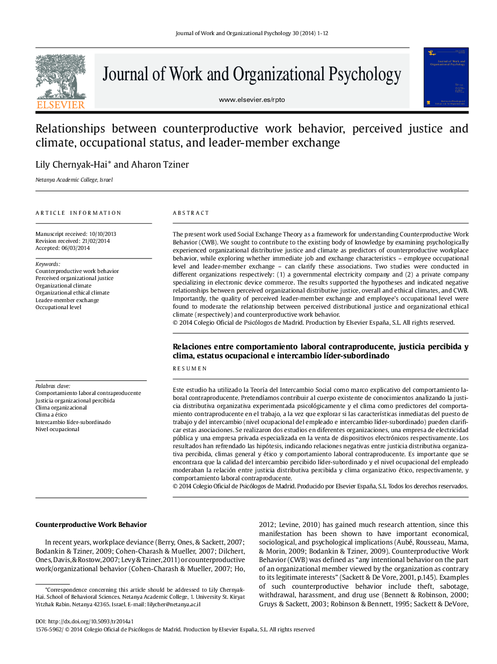 Relationships between counterproductive work behavior, perceived justice and climate, occupational status, and leader-member exchange