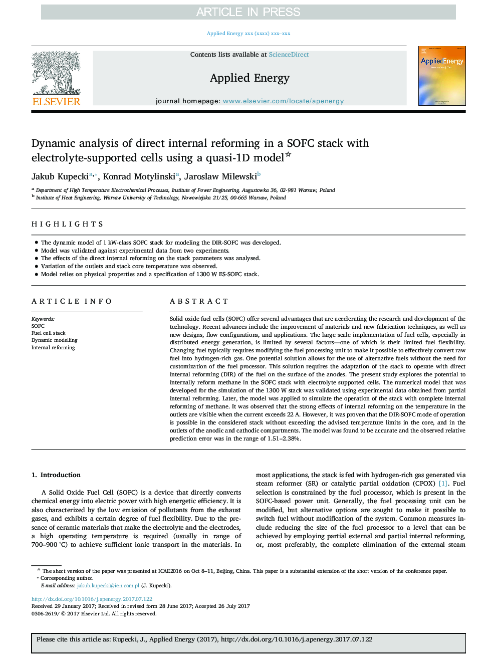 Dynamic analysis of direct internal reforming in a SOFC stack with electrolyte-supported cells using a quasi-1D model