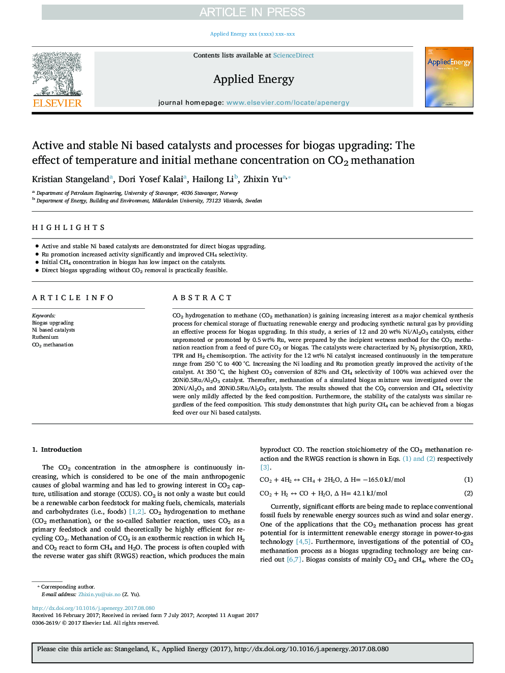 Active and stable Ni based catalysts and processes for biogas upgrading: The effect of temperature and initial methane concentration on CO2 methanation