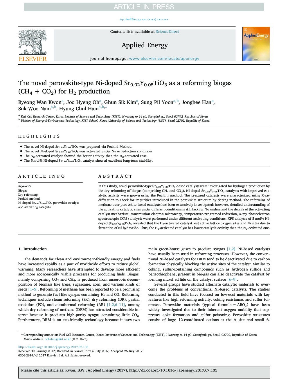 The novel perovskite-type Ni-doped Sr0.92Y0.08TiO3 as a reforming biogas (CH4Â +Â CO2) for H2 production