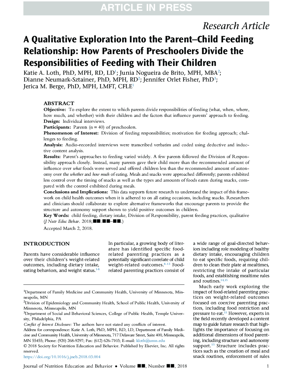 A Qualitative Exploration Into the Parent-Child Feeding Relationship: How Parents of Preschoolers Divide the Responsibilities of Feeding With Their Children