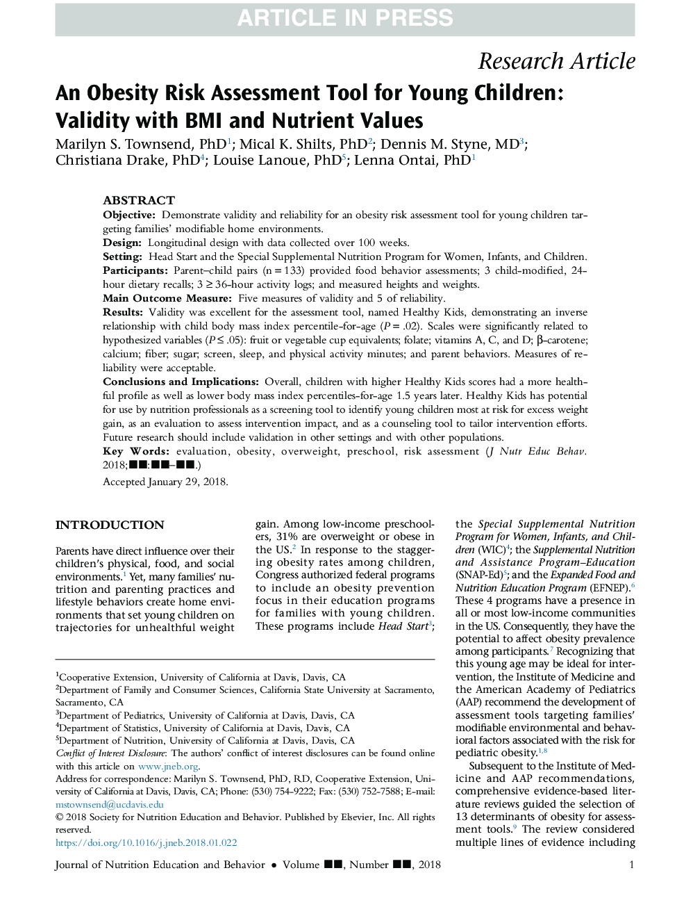 An Obesity Risk Assessment Tool for Young Children: Validity With BMI and Nutrient Values