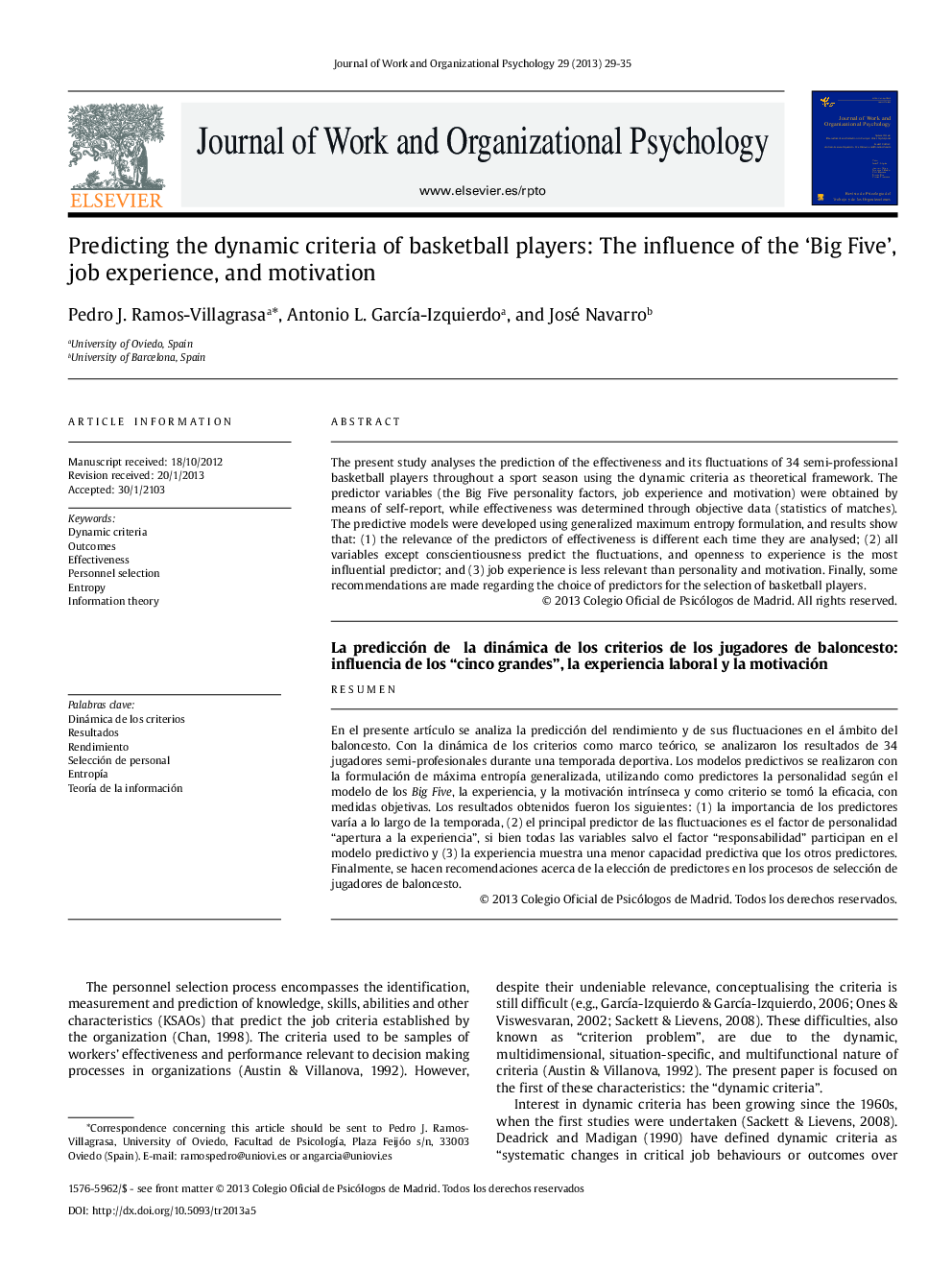 Predicting the dynamic criteria of basketball players: The influence of the ‘Big Five’, job experience, and motivation