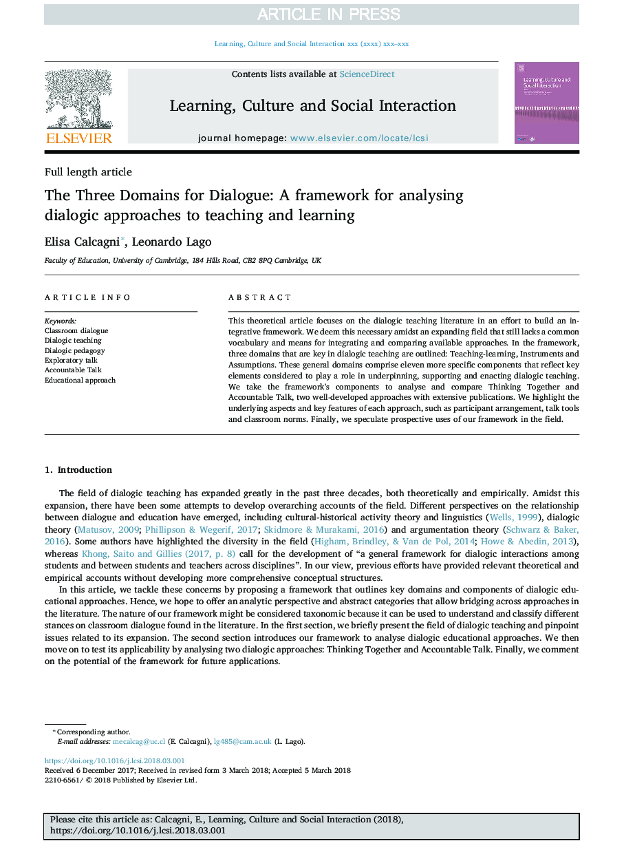 The Three Domains for Dialogue: A framework for analysing dialogic approaches to teaching and learning