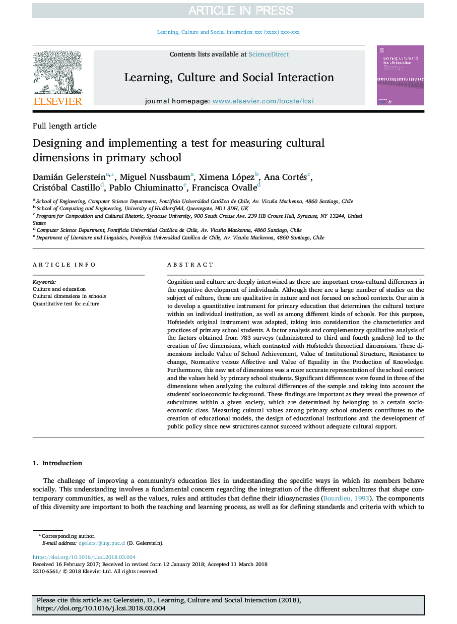 Designing and implementing a test for measuring cultural dimensions in primary school