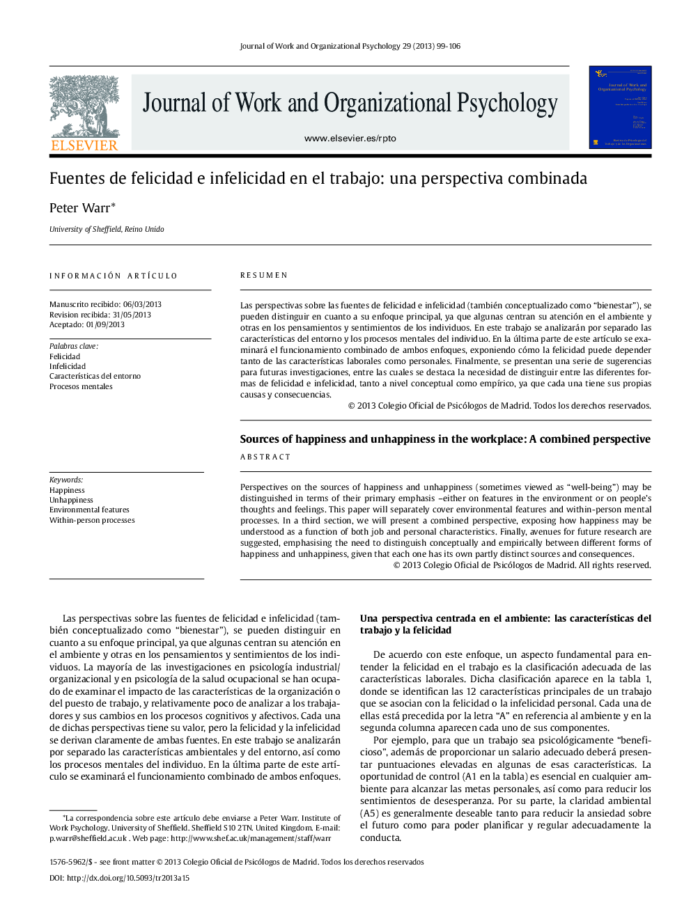 Fuentes de felicidad e infelicidad en el trabajo: una perspectiva combinada